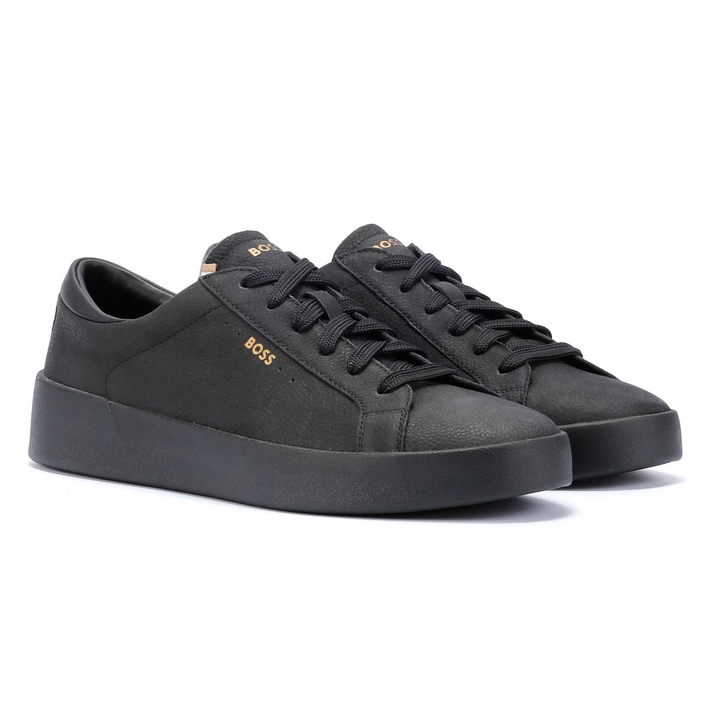 Hugo Boss Belwar Tennis Tumble Leather Mens Black Trainers - Size UK 9